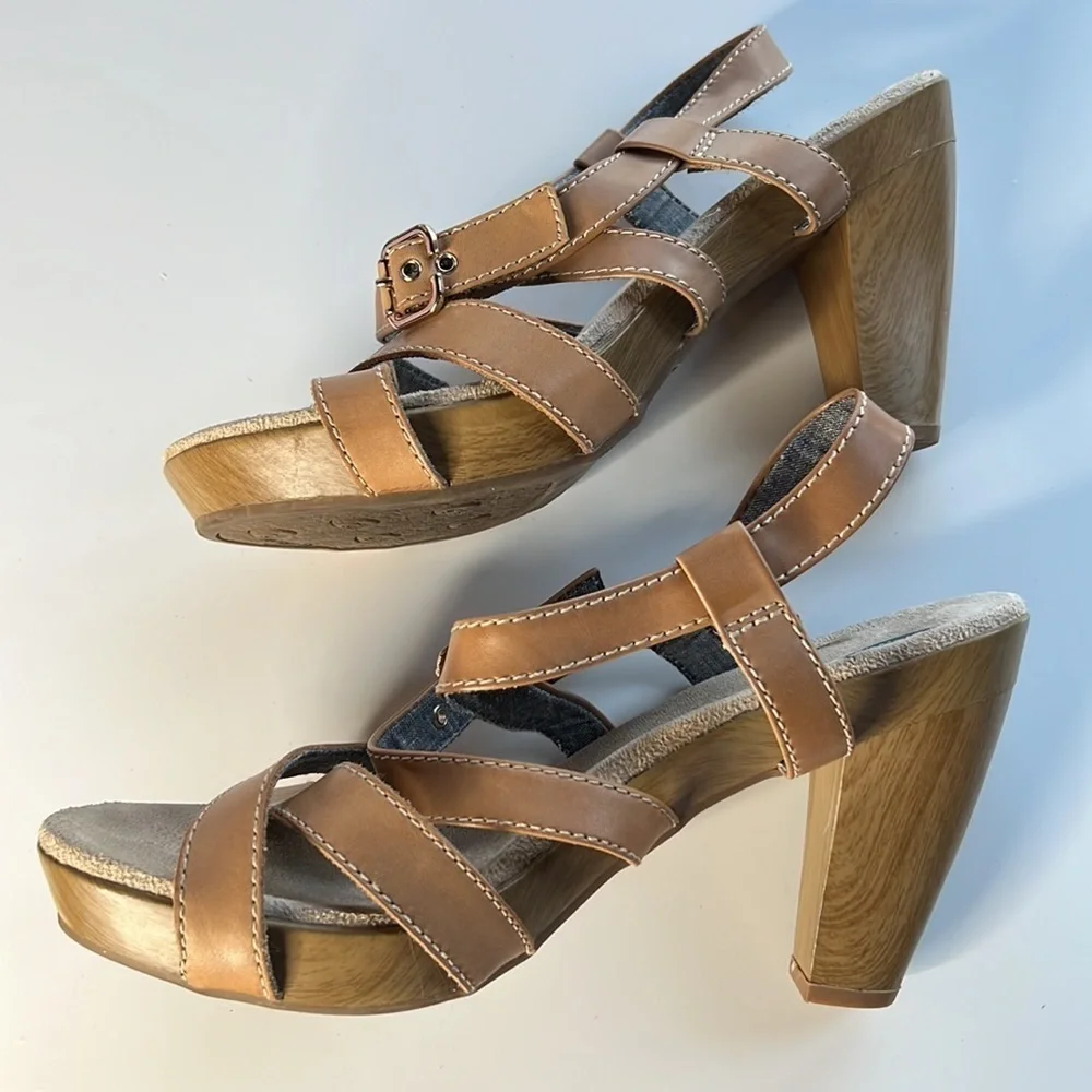 Dr. Scholl’s Band Platform Sandals Tan Leather Strappy Wooden Heel Size 10